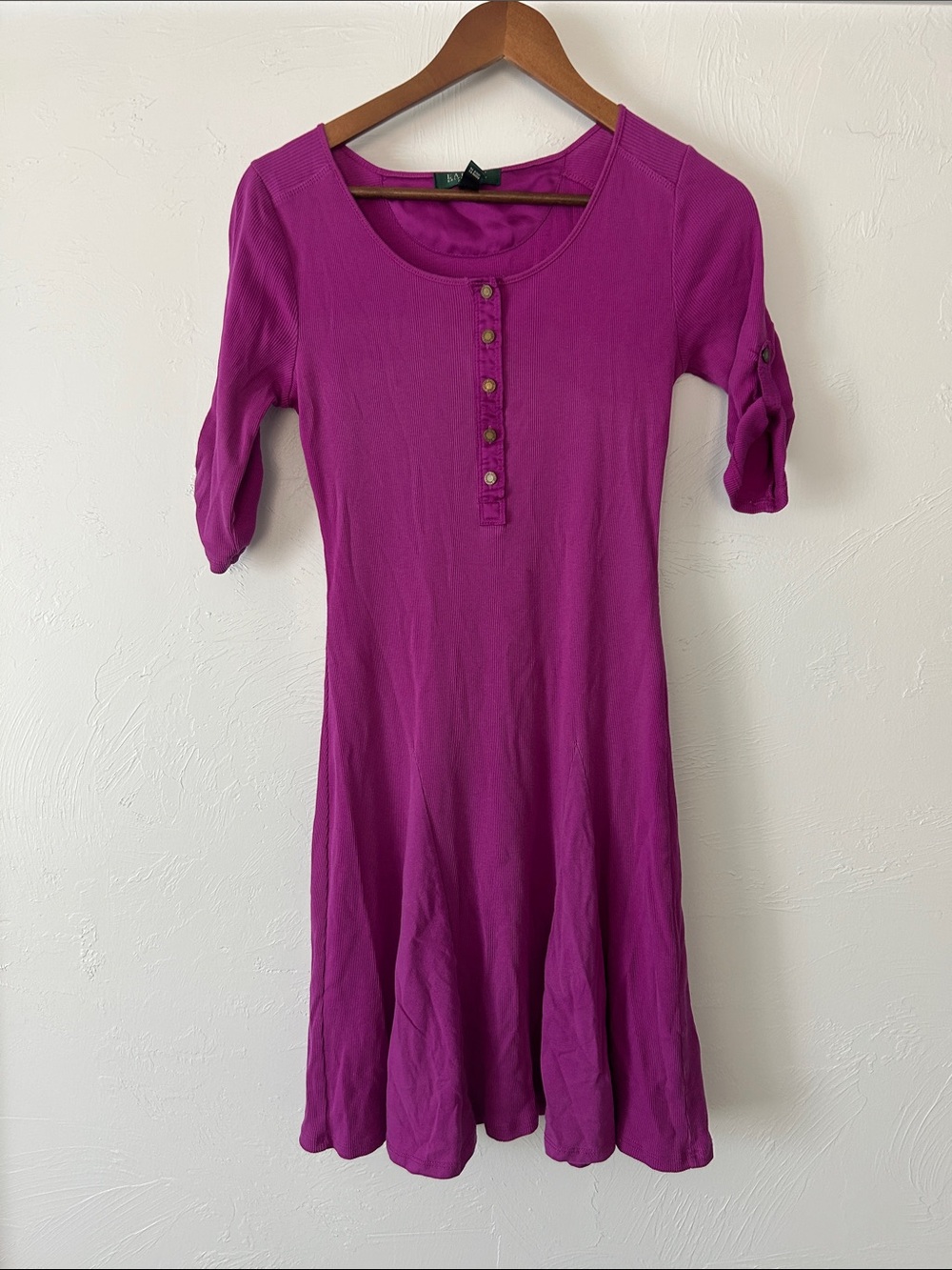 Ralph Lauren Fuchsia Purple Henley Knit Ribbed Flare Mini Dress